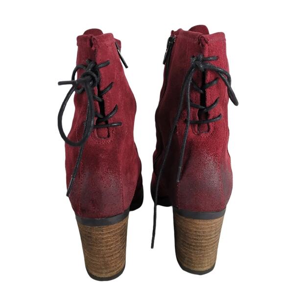 Bos & Co Barlow Women's 8-8.5 Red Suede 3" Heel Ankle Boots Back Tie, Side Zip - Picture 5 of 9